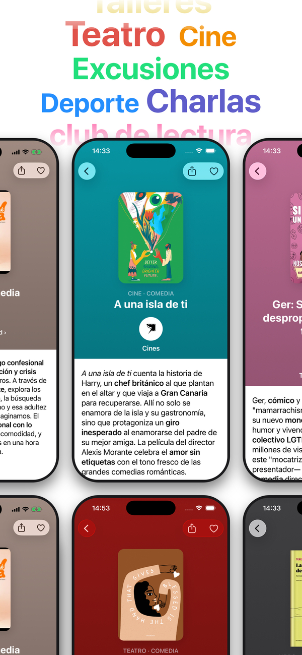 Captura de pantalla de la app Planes LGBT+ Madrid mostrando categorías como teatro, cine, drag shows, deporte, charlas y club de lectura