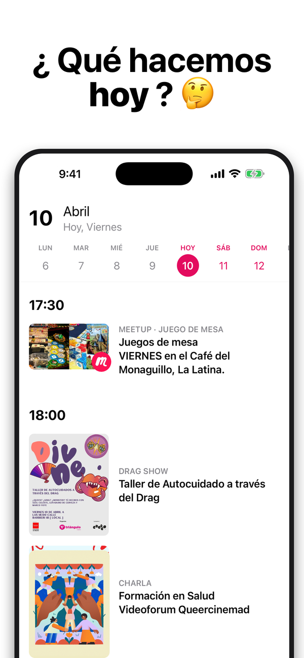 Captura de la app Planes LGBT+ con la agenda diaria de Chueca y Madrid: un drag show, un meetup de juegos de mesa y una charla queer
